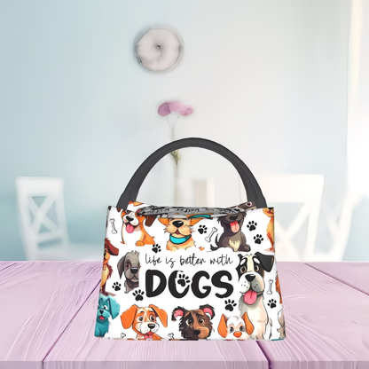 Dog-Print Lunch Tote with Black Handles in a 10.6 x 6.3 x 6.7-Inch Single Checkout and Zip Top