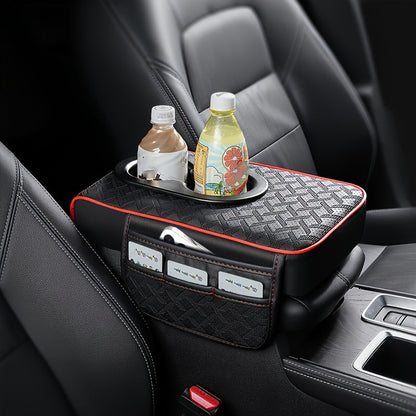 Car Center Console Cover PU Leather – Universal Armrest Box Mat with 2 Cup Holders & 2 Side Pockets, Phone & Card Storage