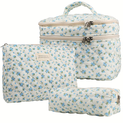 Makeup Bag Three-Piece Quilted Cotton Dual-Layer Floral Pouch Set for Travel, Vanity and Everyday Beauty Storage