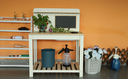 Potting Bench Table Cedar Wood Garden Workstation with Blackboard Removable Sink Hooks Double Shelf for Garden, Patio and Yard Use
