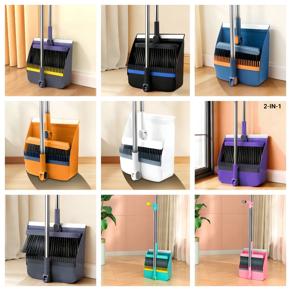 Long-Handle Broom and Dustpan Cleaning Set with Comb Teeth in Blue, Orange, White, Purple or Green