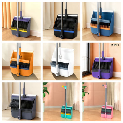 Long-Handle Broom and Dustpan Cleaning Set with Comb Teeth in Blue, Orange, White, Purple or Green