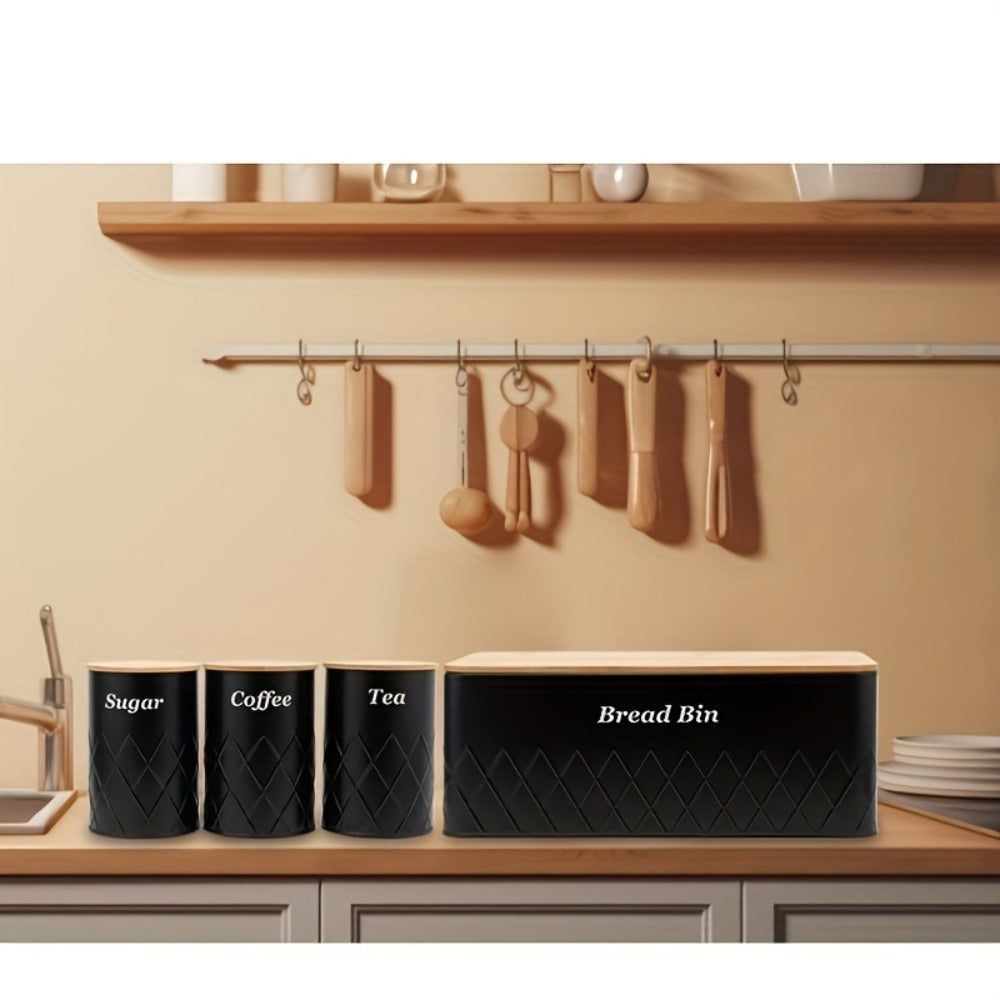 Bread Bin with 3-Piece Canister Set for Tea Sugar Coffee – Flip-Top Lid Kitchen Storage Containers Countertop Organizer Set