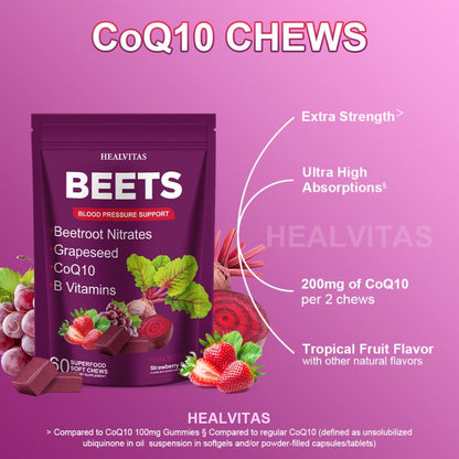 Beet Root Gummies for Blood Pressure & Heart Health with CoQ10 Vitamin B12 B6 Grapeseed Extract