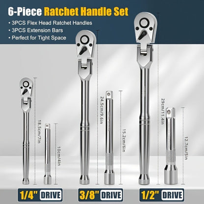 6-Piece Ratchet Wrench Set 1/4" 3/8" 1/2" Drive – Rotating Head Ratchet with Extension Bar, Chrome-Plated Stainless Steel