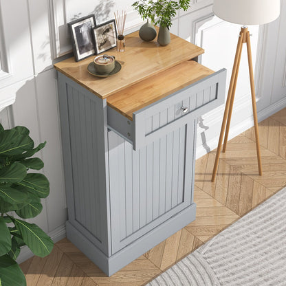 Tilt Out Trash Cabinet Freestanding Kitchen Garbage Cabinet with Cutting Board & Drawer, Wood Hideaway Recycling Station