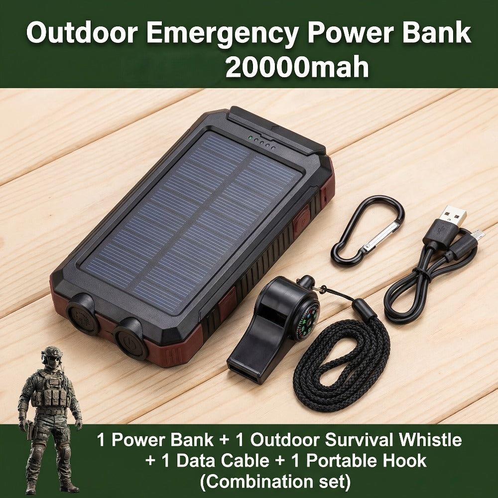 Solar Power Bank 20000mAh Outdoor Portable Charger with LED Flashlight SOS Compass & Carabiner Hook