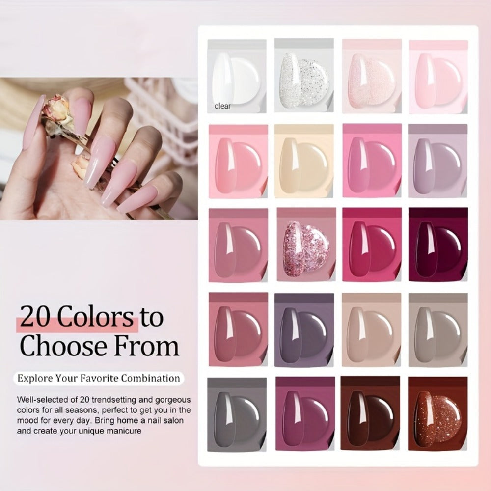 Dip Powder Nail Kit with NOCIS Label, 20 Pink Purple Brown Glitter Powders, Four Liquids and Nail Tools