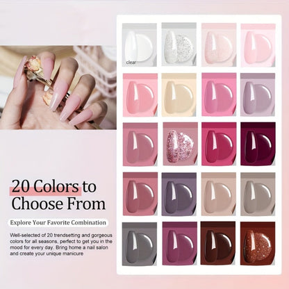 Dip Powder Nail Kit with NOCIS Label, 20 Pink Purple Brown Glitter Powders, Four Liquids and Nail Tools