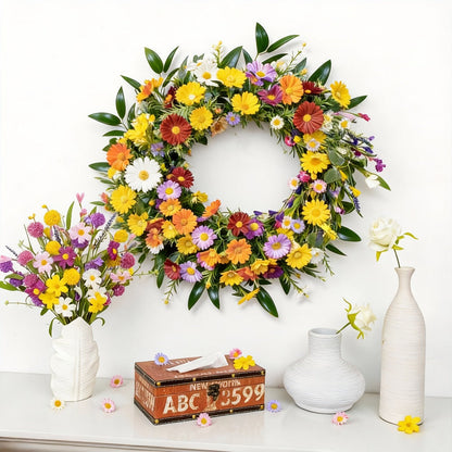 20 Inch Spring Wreath for Front Door Artificial Daisy Lavender Wildflower Farmhouse Wreath for Home Wall Easter Holiday Decor