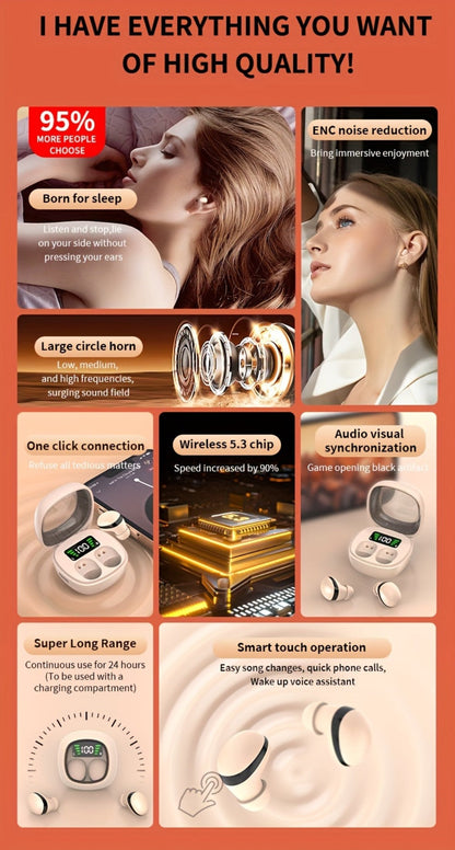 Wireless Earbuds Ultra-Small In-Ear with Touch Control, Built-In Mic and LED Case in Three Colors