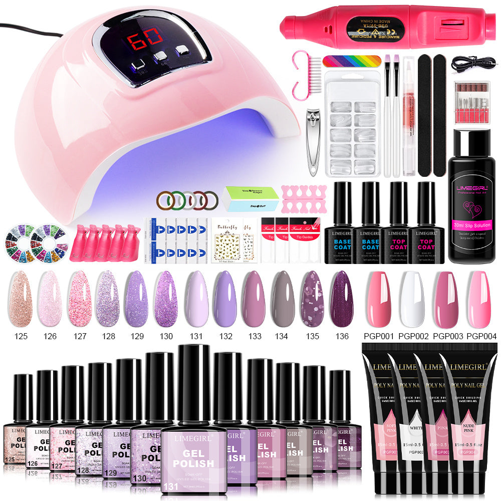 Gel Nail Polish Kit with UV Lamp & Electric Nail Drill – 12 Colors Gel Polish Set, Poly Extension Gel, Top &