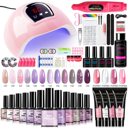 Gel Nail Polish Kit with UV Lamp & Electric Nail Drill – 12 Colors Gel Polish Set, Poly Extension Gel, Top &