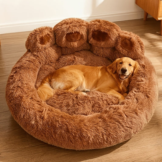 Bear-Paw Round Plush Pet Bed in Coffee, Pink or Gray with Four Weight-Labeled Size Options