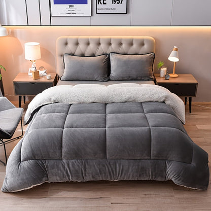 Reversible Milk Velvet Comforter Soft Quilted Blanket 100% Polyester Plush Fleece Bedding All Season Machine Washable for Home Hotel Queen