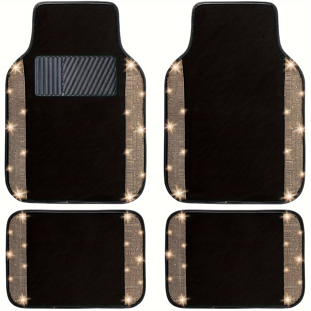 Rhinestone-Border Car Floor Mats, Four-Piece Black Carpet Set with Seven Accent Color Options