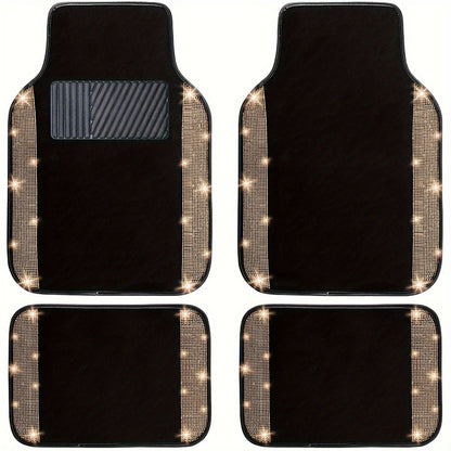 Rhinestone-Border Car Floor Mats, Four-Piece Black Carpet Set with Seven Accent Color Options