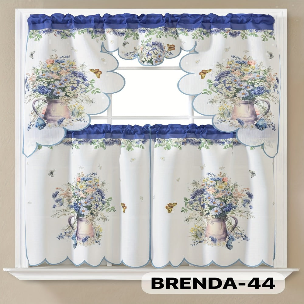 Kitchen Curtains 3 Piece Set Embroidered Satin Valance and Tiers – Rod Pocket Light Filtering Machine Washable 46 Colors