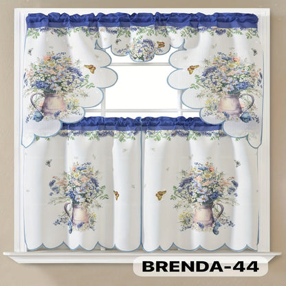 Kitchen Curtains 3 Piece Set Embroidered Satin Valance and Tiers – Rod Pocket Light Filtering Machine Washable 46 Colors