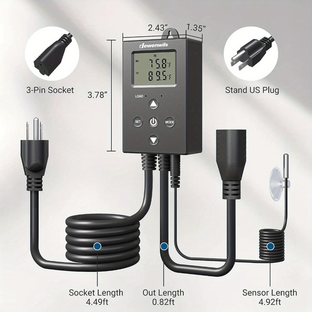 Digital Temperature Controller Thermostat Outlet Heating Cooling Mode 14°F-140°F LCD Display Buzzer for Garden, Patio and Yard Use