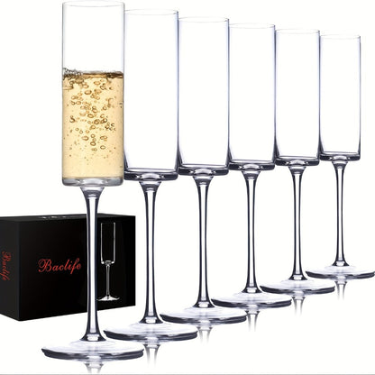 Champagne Flutes Set of 6 – Elegant 6.5oz Clear Glass Champagne Glasses, Reusable Stemmed Flutes for Birthday, Wedding
