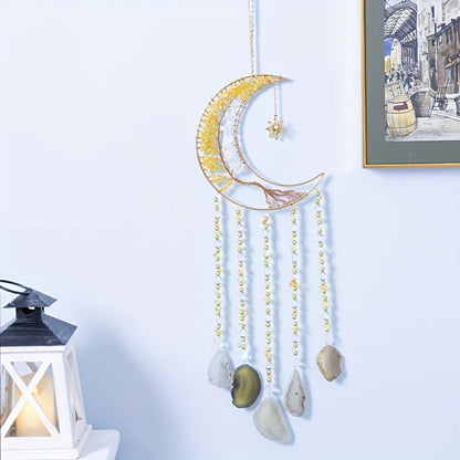 Dreamcatcher Moon Suncatcher Wall Hanging, Handmade Boho Wind Chime Pendant for Indoor Outdoor Garden