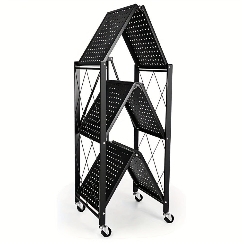 Heavy Duty Storage Rack with Wheels 3-Layer Foldable Metal Shelving Unit 750 LBS Capacity, Rolling Utility Cart for Garage Kitchen Pantry