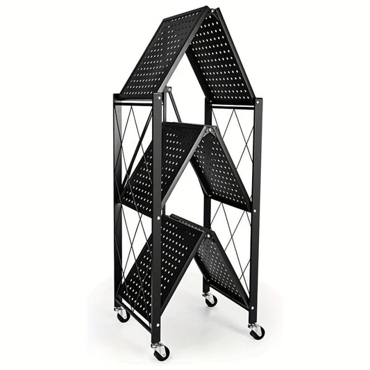 Heavy Duty Storage Rack with Wheels 3-Layer Foldable Metal Shelving Unit 750 LBS Capacity, Rolling Utility Cart for Garage Kitchen Pantry