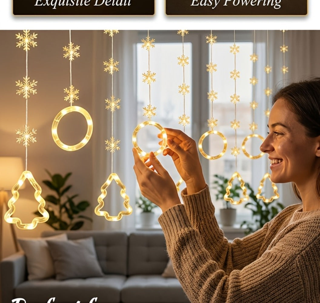 String Lights, 118-Inch USB Holiday Curtain with Ten Snowflake or Star-and-Tree Drops for Indoor Display