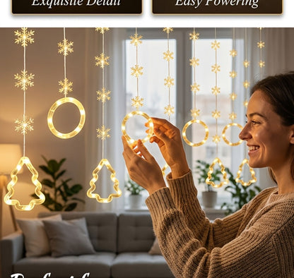String Lights, 118-Inch USB Holiday Curtain with Ten Snowflake or Star-and-Tree Drops for Indoor Display