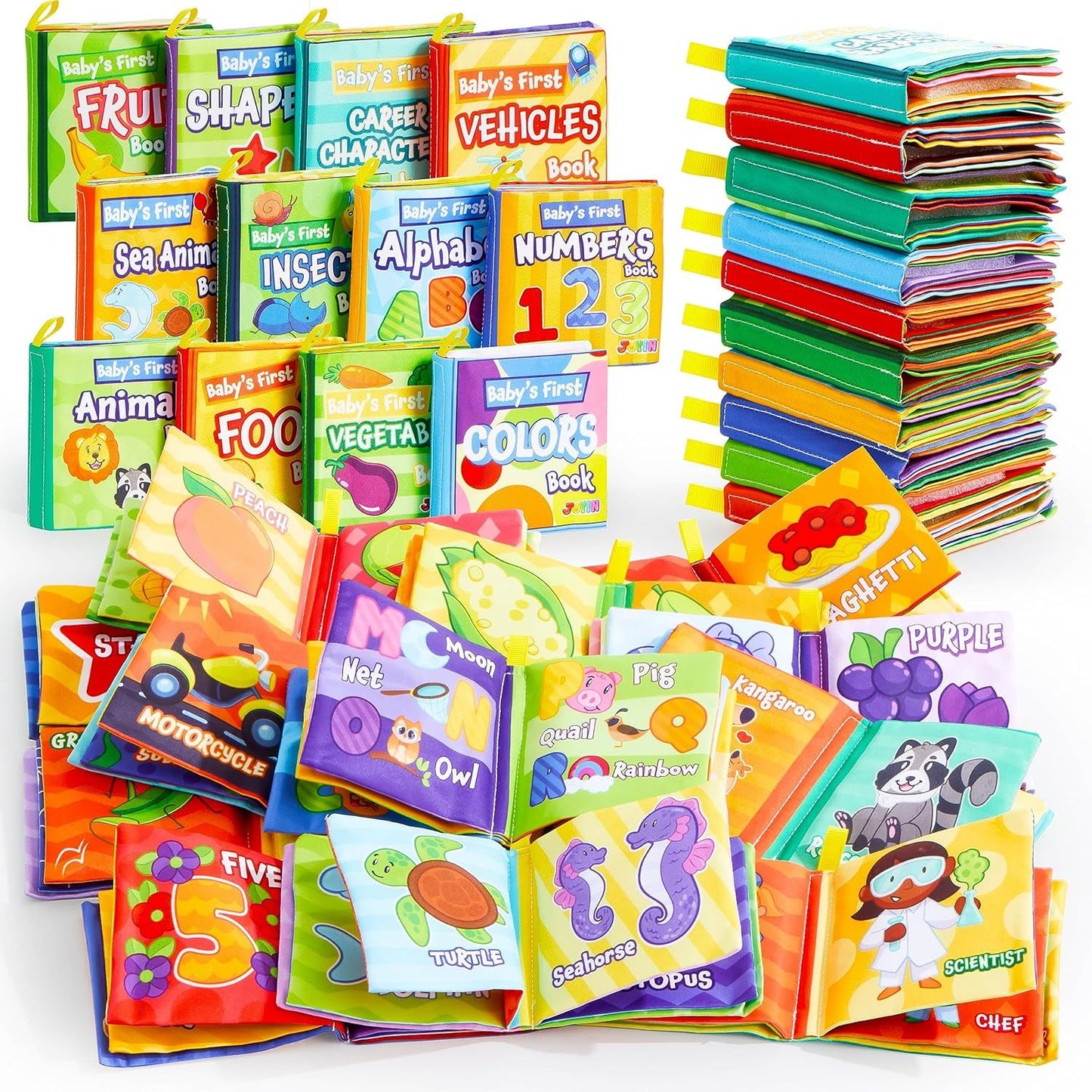 Baby Cloth Books Set of 12, Crinkle Fabric Bath & Sensory Books for Infants & Toddlers, Touch-and-Feel Early Learning First Books