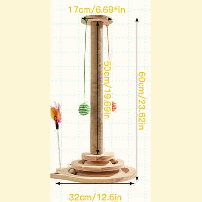 Multi-Level Sisal Cat Scratching Post 4-in-1 with 6 Wooden Balls 2 Hanging Balls & 2 Feather Teaser Toys – Premium Thickened Sisal Anti-Slip