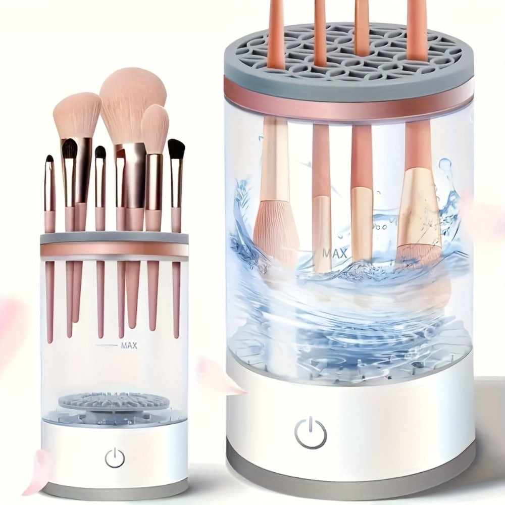 Electric Makeup Brush Cleaner & Dryer USB Powered Automatic Spinner Fast Drying Odorless Transparent Design Dual-Section Brush Holder Beauty
