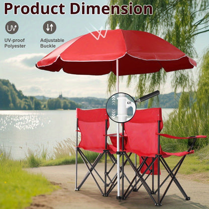 Folding Fishing Chair with Sun Umbrella – 2-Seat Portable Outdoor Chair, Iron Alloy Frame & Oxford Fabric, Built-In Storage Bag & Carry Bag