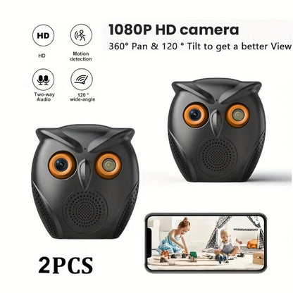 Security Camera Owl-Shaped Two-Pack with Human Detection, USB Power, Motion Alarm and Black or White Options