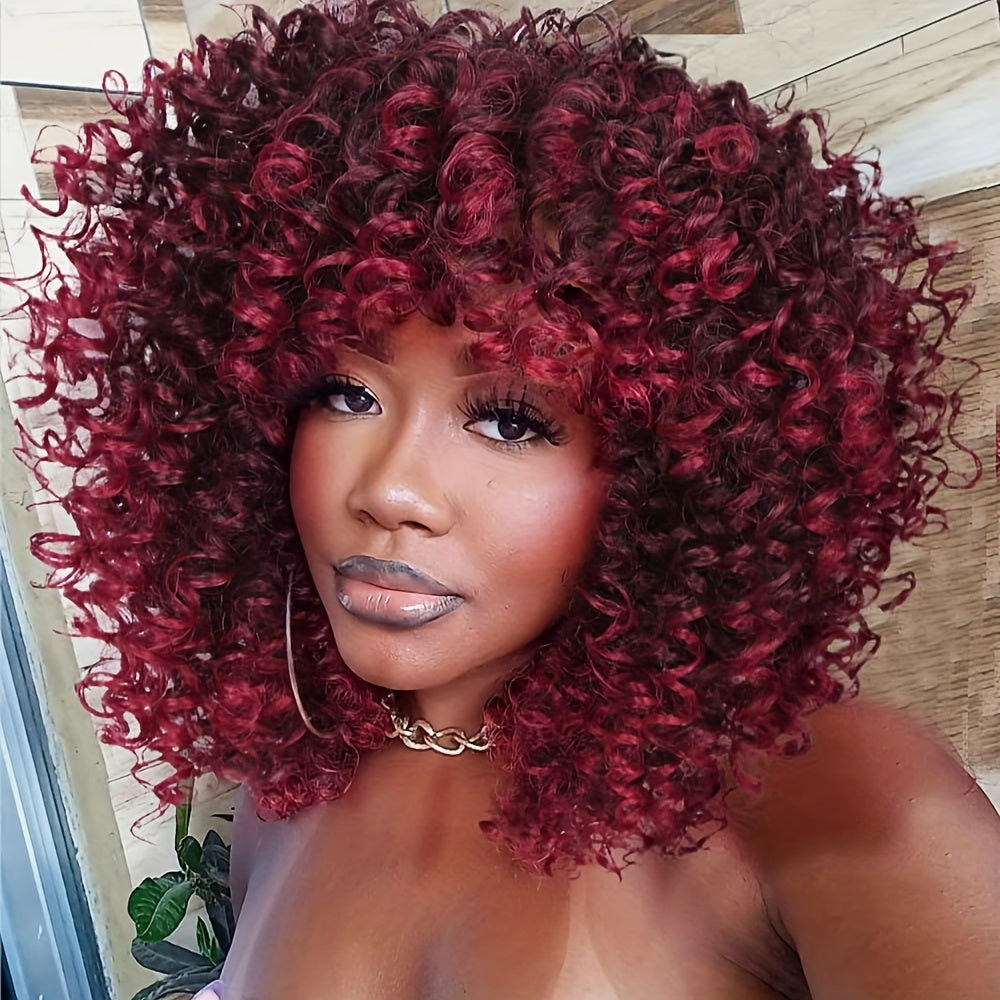 Synthetic Wig 14-Inch Kinky Curly Afro with Bangs, 180% Density and Stretch Net Cap for Daily Style