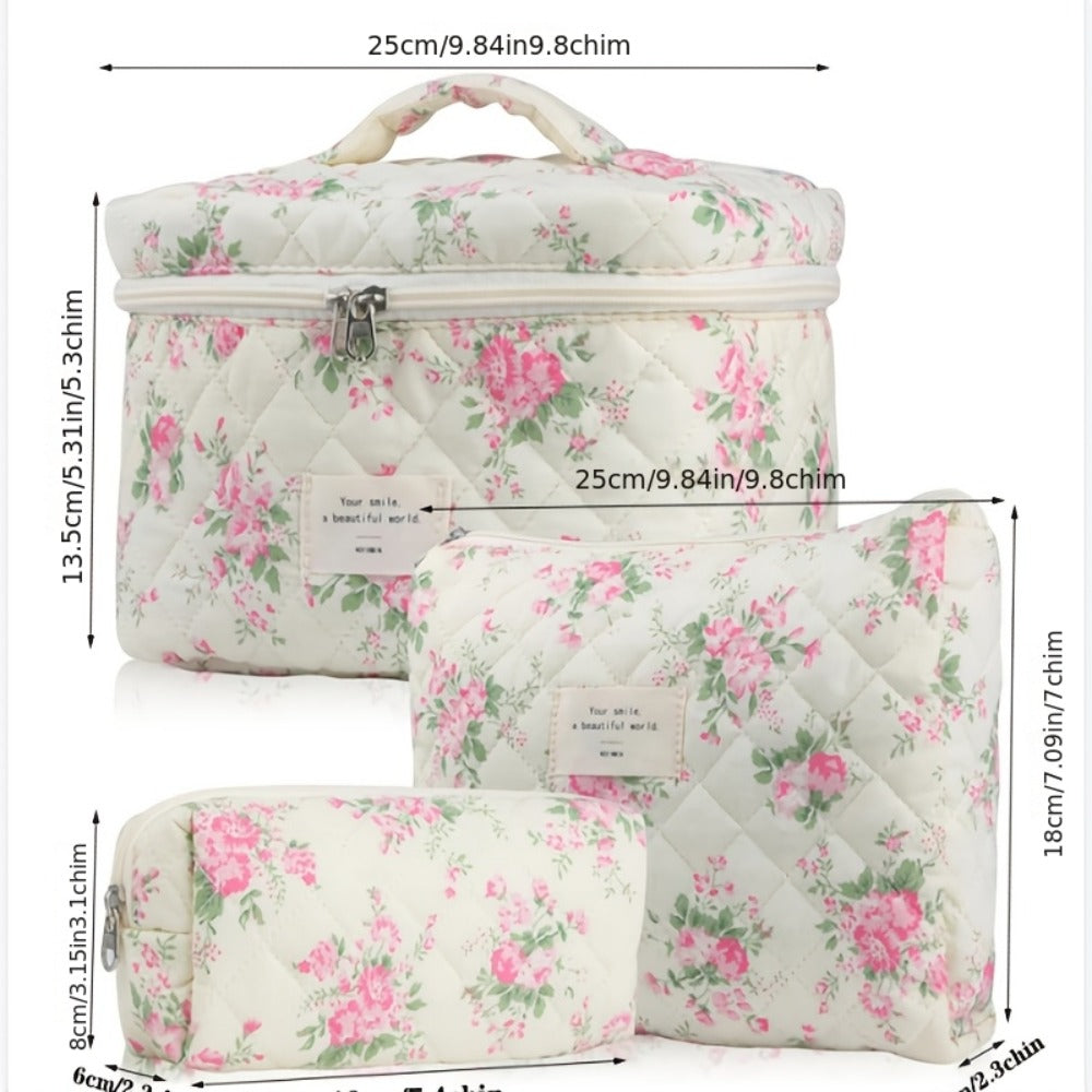 Quilted Makeup Bag Set 3 Pcs Floral Pattern Large Capacity Travel Cosmetic Organizer with Gold Zipper – Polyester Skincare Toiletry Pouch