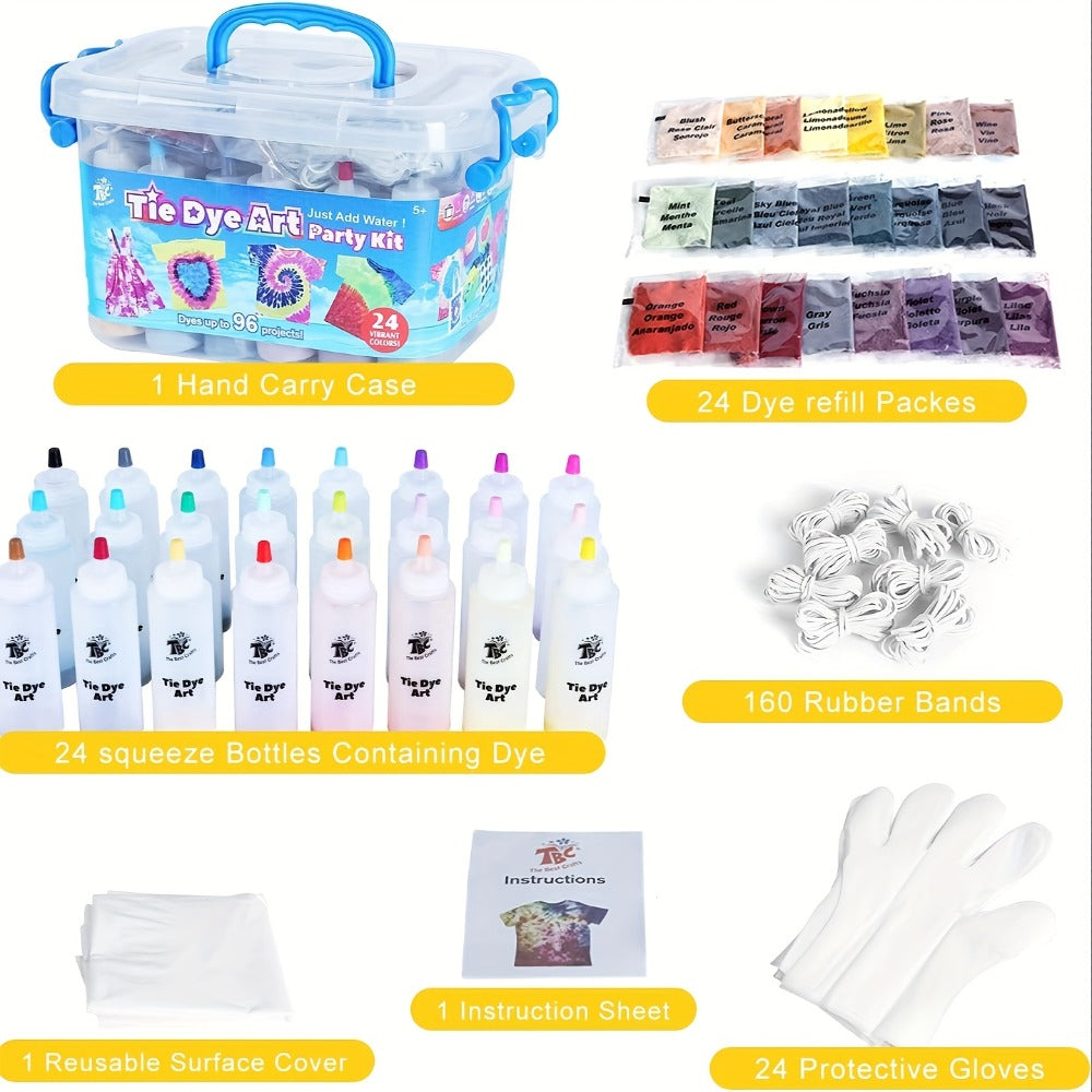 Tie Dye Kit 24 Colors All-in-One Set for Kids Teens Adults & Beginners, Squeeze Bottles Gloves Rubber Bands Carry Case