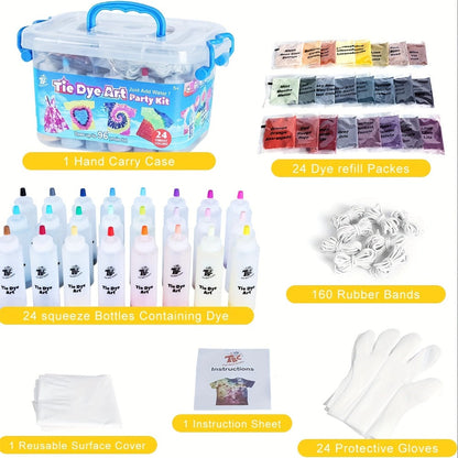 Tie Dye Kit 24 Colors All-in-One Set for Kids Teens Adults & Beginners, Squeeze Bottles Gloves Rubber Bands Carry Case