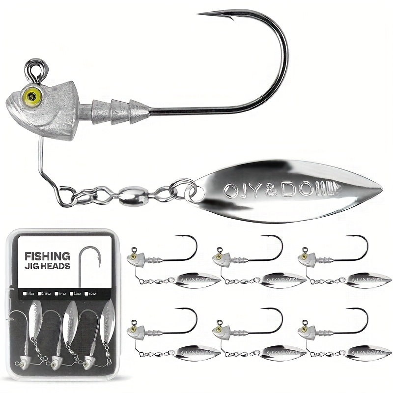 Underspin Jig Heads 6-Pack with 100% Brass Blade – Never Rust Rotating Spinner Jig for Bass & Saltwater Fishing – 3/16oz, 1/4oz, 3/8oz