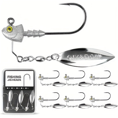 Underspin Jig Heads 6-Pack with 100% Brass Blade – Never Rust Rotating Spinner Jig for Bass & Saltwater Fishing – 3/16oz, 1/4oz, 3/8oz