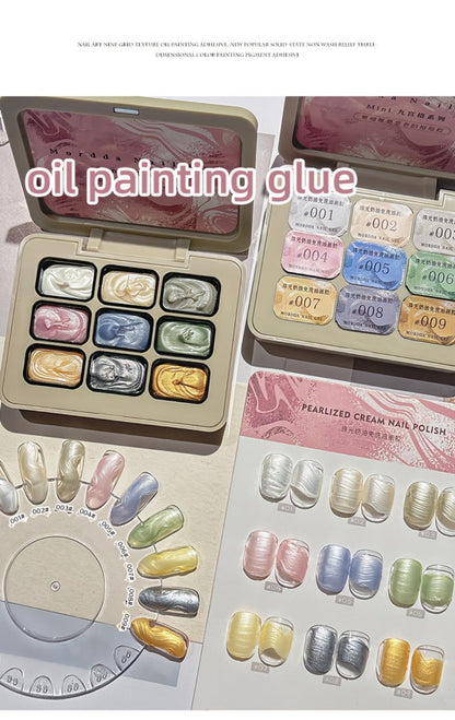 Pearlescent Nail Gel 9-Grid Shell Shimmer Mother of Pearl Cream Oil Painting Gel Polish Set – Multicolor Glitter Iridescent Spiral Design