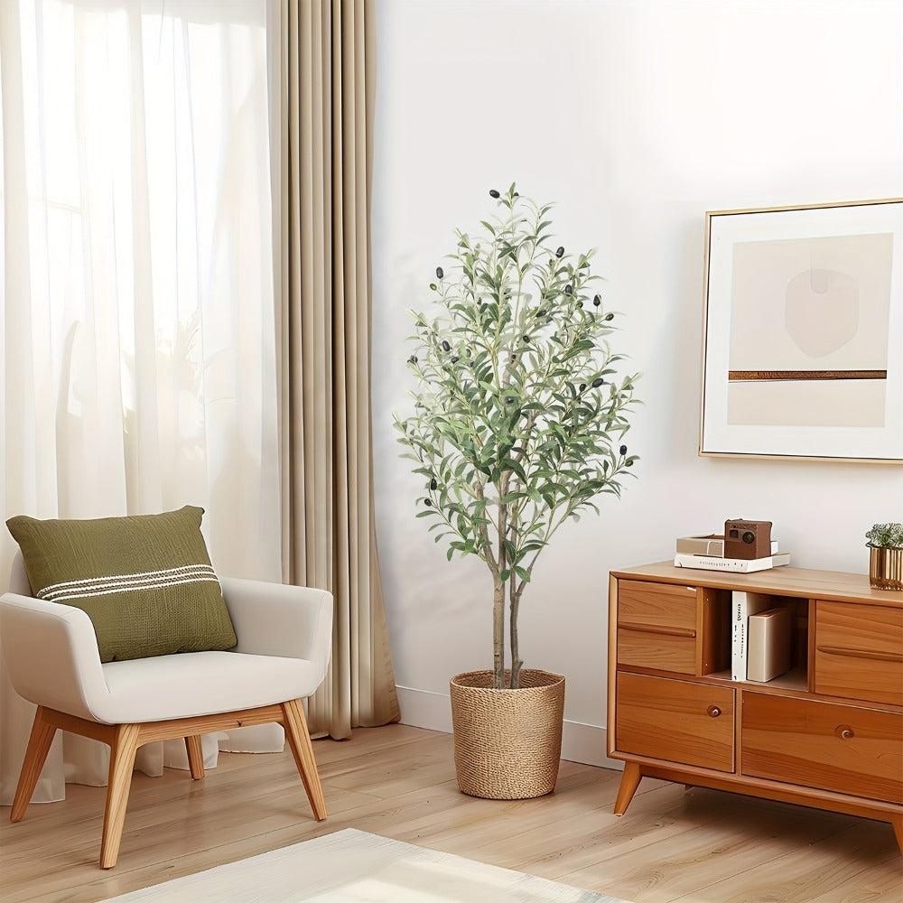 Full-Canopy Artificial Olive Tree with 4, 5, 6 or 7 ft Height Options, Decorative Fruit and Potted Base