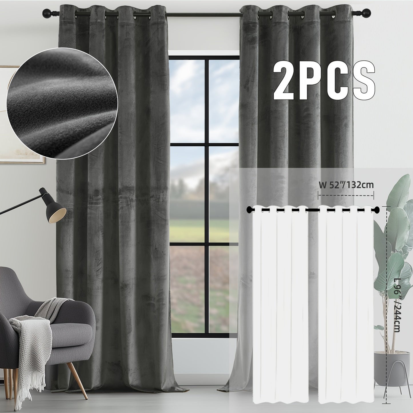 Velvet Room Darkening Curtains 2 Panels, Grommet Top Thermal Insulated Soundproof Blackout Curtains for Living Room Bedroom
