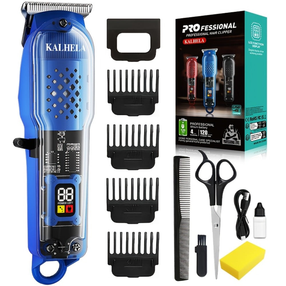 Transparent Electric Hair Clipper with Digital Display, Four Guide Combs, Grooming Tools and Red, Black or Blue Finish