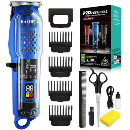 Transparent Electric Hair Clipper with Digital Display, Four Guide Combs, Grooming Tools and Red, Black or Blue Finish