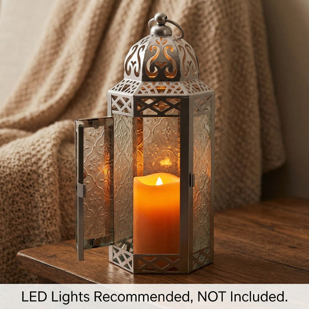 Moroccan Candle Lantern Holder - Decorative Metal & Glass Lantern with Embossed Floral Design for Indoor Home Decor