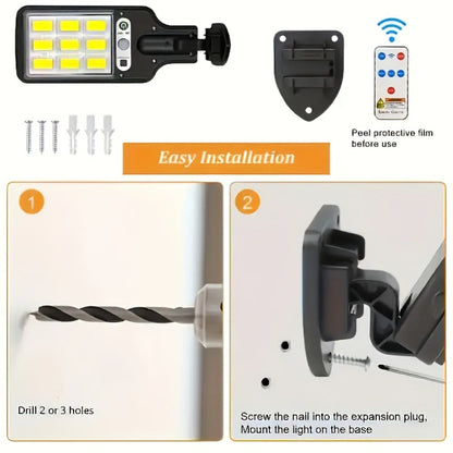 Solar Motion Sensor Security Wall Light 108COB LED, Outdoor Solar Powered Street Light with Remote Control & 3 Modes
