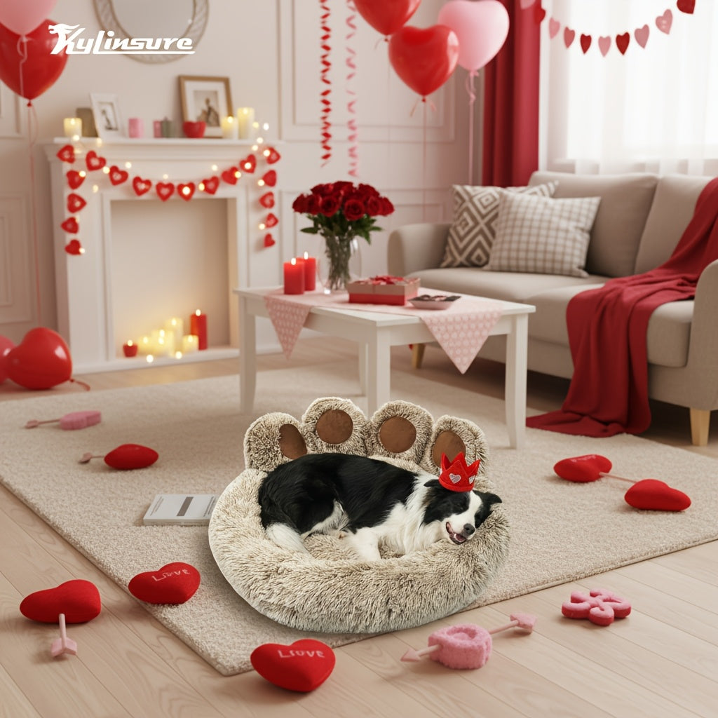 Dog Bed Cat Bed Bear Paw Shaped Donut – Calming Round Plush Pet Mattress, Warm & Soft Cuddler Bed for Dogs and Cats, Includes Pet Scarf