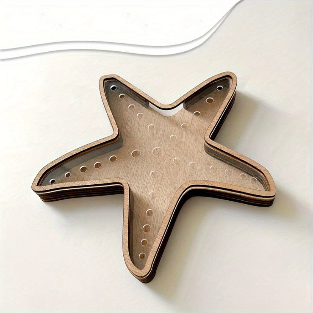 Wooden Starfish Tray – Ocean-Themed Organizer Dish for Desk & Dresser, Display Crystals Shells Agates, Nautical Home Decor